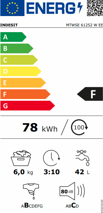 Indesit Πλυντήριο Ρούχων 6kg 1200 Στροφών MTWSE 61252 W EE