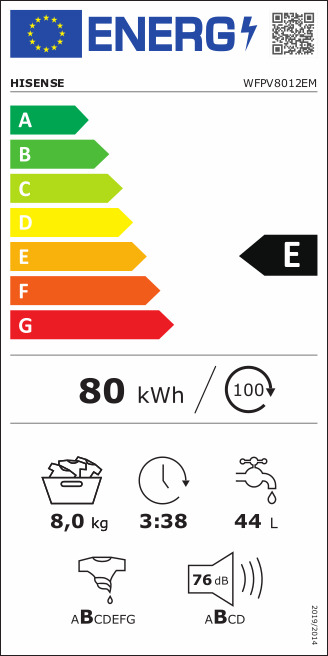 Hisense Πλυντήριο Ρούχων 8kg με Ατμό 1200 Στροφών WFPV8012EM