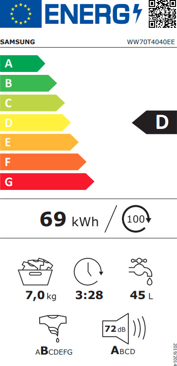 Samsung WW70T4040EE/LE Πλυντήριο Ρούχων 7kg με Ατμό 1400 Στροφών