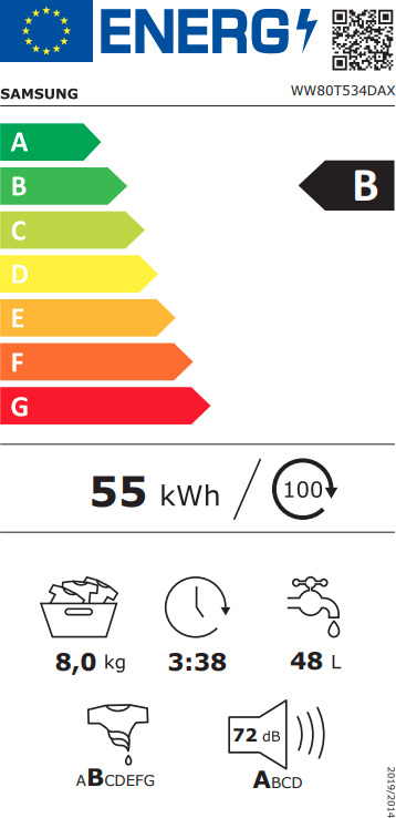 Samsung Πλυντήριο Ρούχων 8kg με Ατμό 1400 Στροφών Ασημί WW80T534DAX/S7