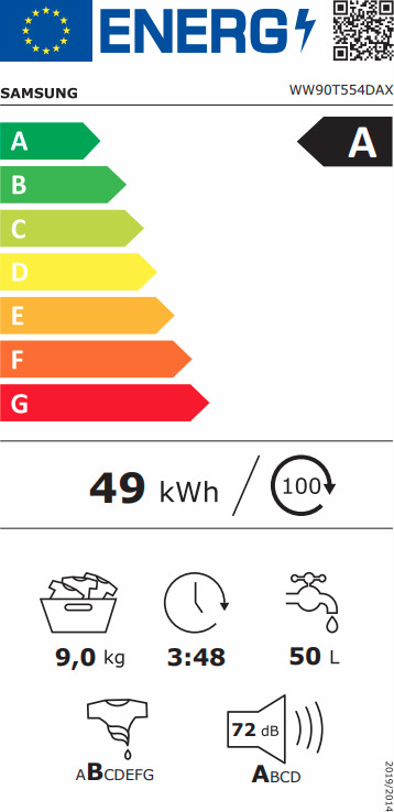 Samsung Πλυντήριο Ρούχων 9kg με Ατμό 1400 Στροφών Μαύρο WW90T554DAX/S7