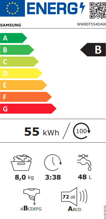 Samsung Πλυντήριο Ρούχων 8kg με Ατμό 1400 Στροφών WW80T554DAW/S6