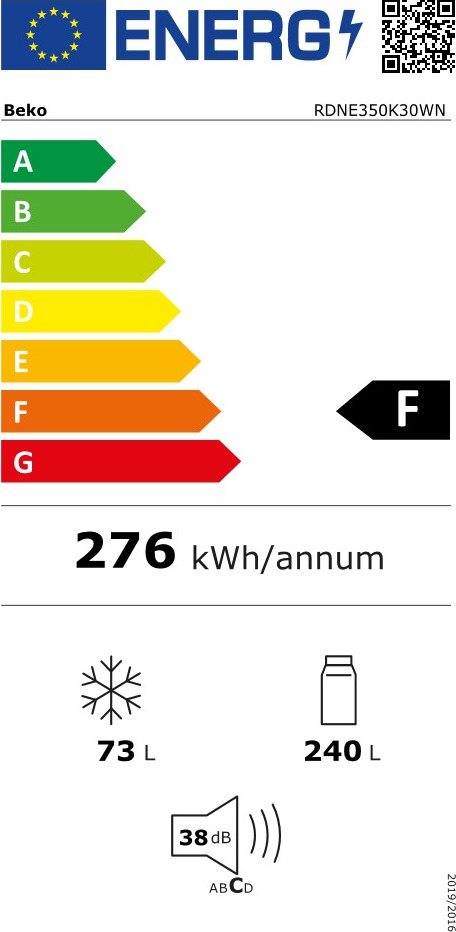 Beko RDNE350K30WN Ψυγείο Δίπορτο 313lt NoFrost Υ172xΠ59.5xΒ65.5εκ. Λευκό