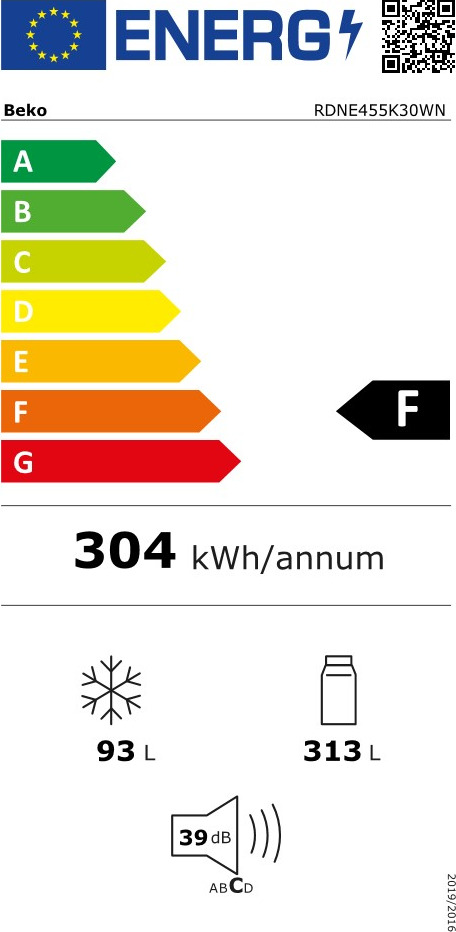 Beko RDNE455K30WN Ψυγείο Δίπορτο 406lt NoFrost Υ185xΠ70xΒ65.5εκ. Λευκό