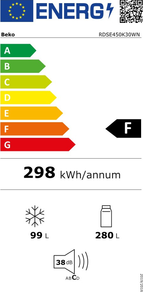 Beko RDSE450K30WN Ψυγείο Δίπορτο 379lt Υ170xΠ70xΒ65εκ. Λευκό