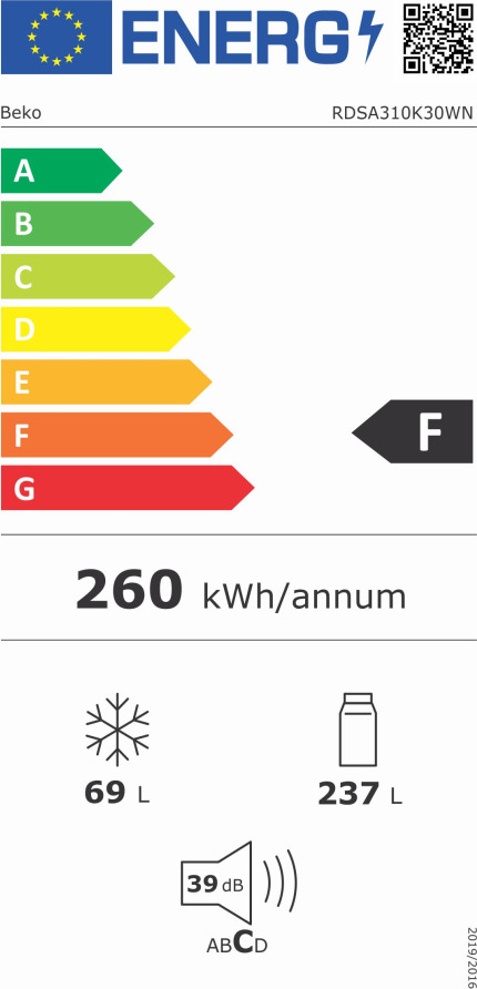 Beko RDSA310K30WN Ψυγείο Δίπορτο 306lt Υ175xΠ59.5xΒ59.2εκ. Λευκό