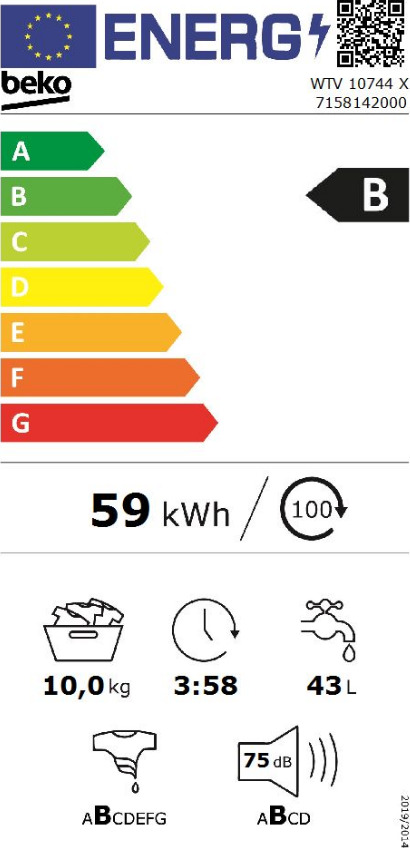 Beko Πλυντήριο Ρούχων 10kg με Ατμό 1400 Στροφών WTV 10744 X