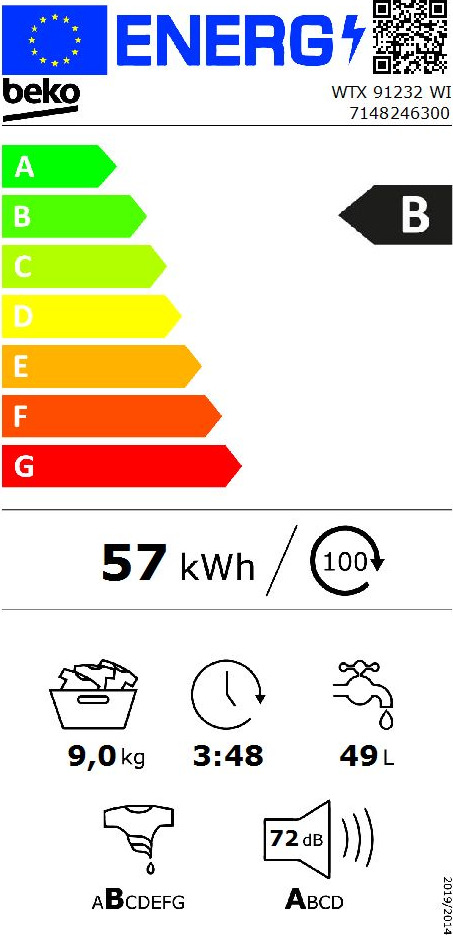 Beko Πλυντήριο Ρούχων 9kg 1200 Στροφών WTX 91232 WI WTX91232WI