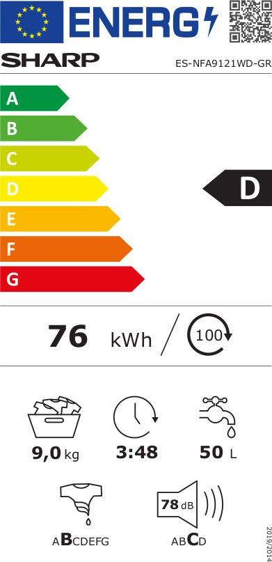 Sharp Πλυντήριο Ρούχων 9kg 1200 Στροφών ES-NFA9121WD-GR