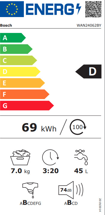 Bosch Πλυντήριο Ρούχων 7kg 1200 Στροφών WAN24062BY