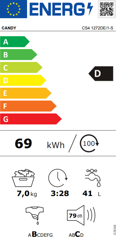 Candy Πλυντήριο Ρούχων 7kg 1200 Στροφών CS4 1272DE/1-S