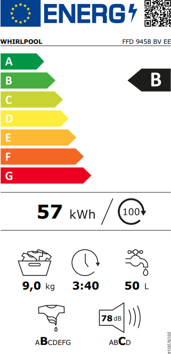 Whirlpool Πλυντήριο Ρούχων 9kg με Ατμό 1400 Στροφών FFD 9458 BV EE