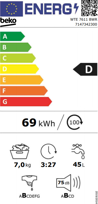 Beko Πλυντήριο Ρούχων 7kg 1200 Στροφών WTE 7611 BWR