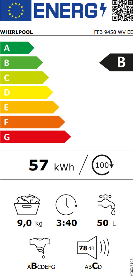 Whirlpool Πλυντήριο Ρούχων 9kg 1400 Στροφών FFB 9458 WV EE 859991637870