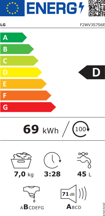 LG Πλυντήριο Ρούχων 7kg με Ατμό 1200 Στροφών F2WV3S7S6E