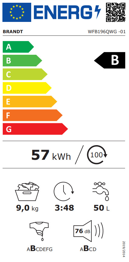 Brandt Πλυντήριο Ρούχων 9kg με Ατμό 1400 Στροφών WFB196QWG