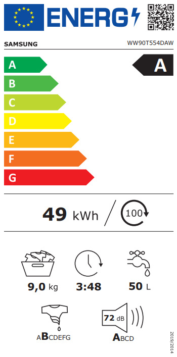 Samsung Πλυντήριο Ρούχων 9kg με Ατμό 1400 Στροφών WW90T554DAW/S7