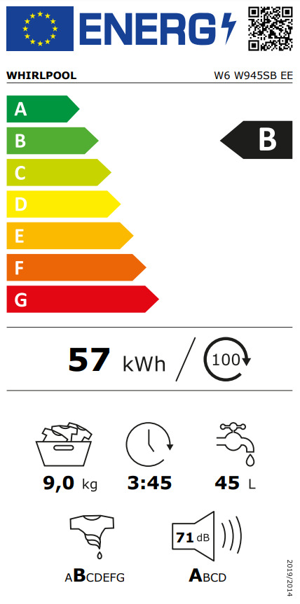 Whirlpool Πλυντήριο Ρούχων 9kg με Ατμό 1400 Στροφών Γκρι W6 W945SB EE 859991629630