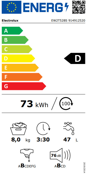 Electrolux EW2T528S Πλυντήριο Ρούχων 8kg με Ατμό 1200 Στροφών