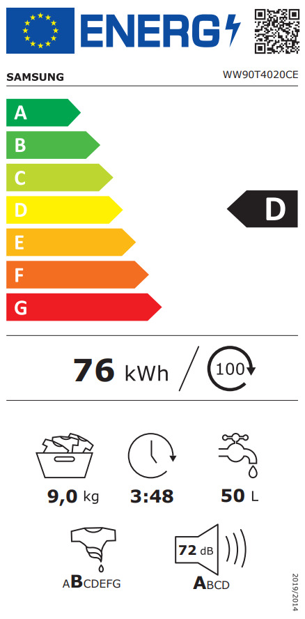 Samsung Πλυντήριο Ρούχων 9kg με Ατμό 1200 Στροφών WW90T4020CE/LE