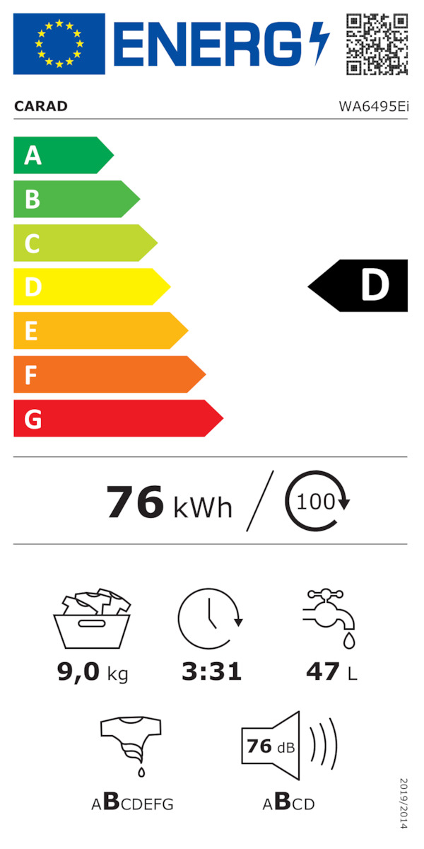 Carad Πλυντήριο Ρούχων 9kg 1400 Στροφών WA6495EI WA6495Ei