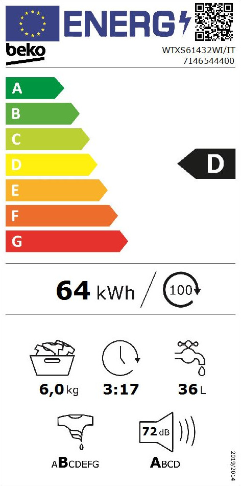 Beko Πλυντήριο Ρούχων 6kg 1400 Στροφών WTXS61432WI/IT