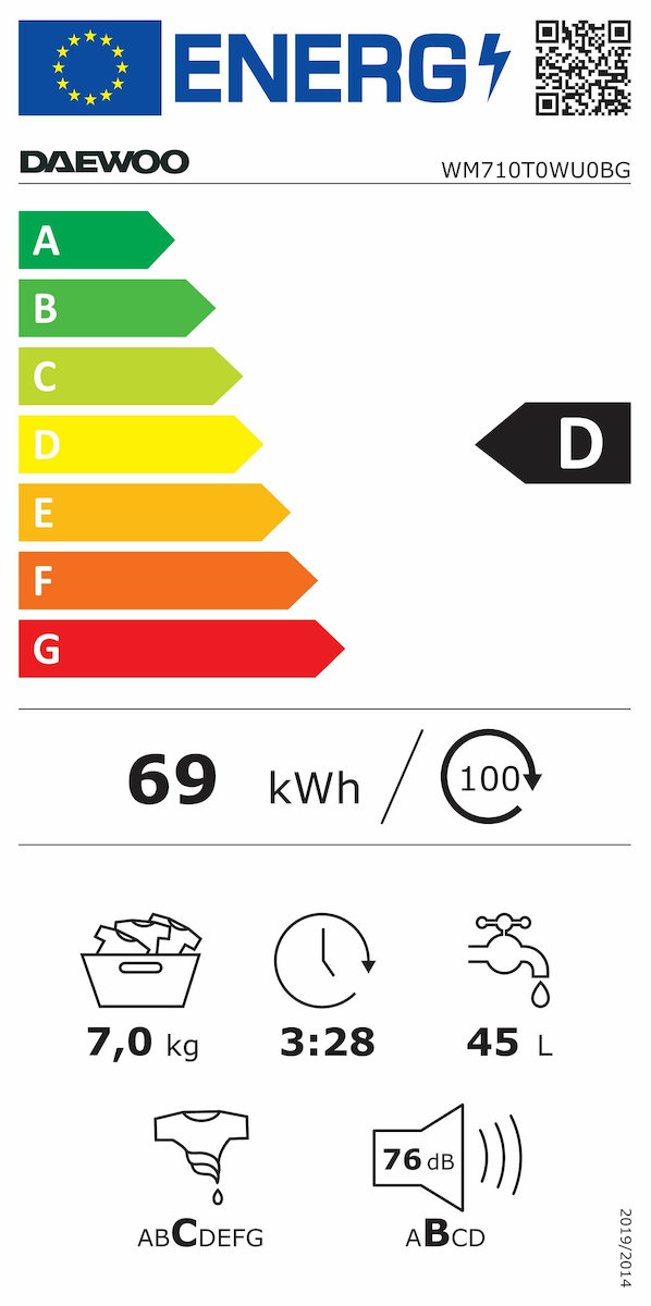 Daewoo Πλυντήριο Ρούχων 7kg 1000 Στροφών WM710T0WU0BG