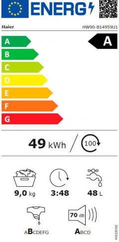 Haier Πλυντήριο Ρούχων 9kg με Ατμό 1400 Στροφών HW90-B14959U1