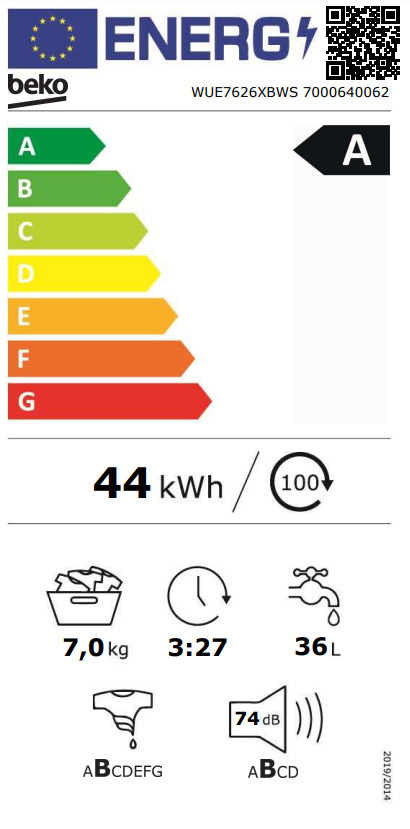 Beko Πλυντήριο Ρούχων 7kg με Ατμό 1200 Στροφών WUE7626XBWS 7000 640 062