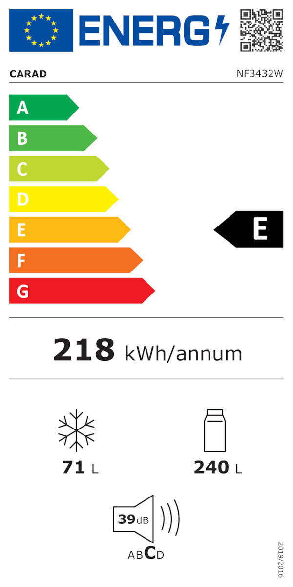 Carad NF3432W Ψυγείο Δίπορτο 311lt NoFrost Υ172xΠ59.5xΒ66εκ. Λευκό