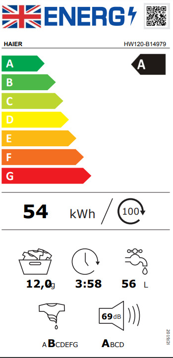 Haier HW120-B14979 Πλυντήριο Ρούχων 12kg 1400 Στροφών