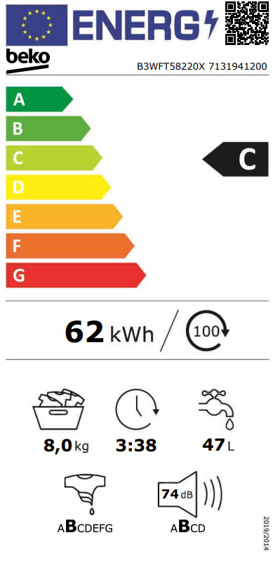 Beko B3WFT58220X Πλυντήριο Ρούχων 8kg με Ατμό 1200 Στροφών Γκρι