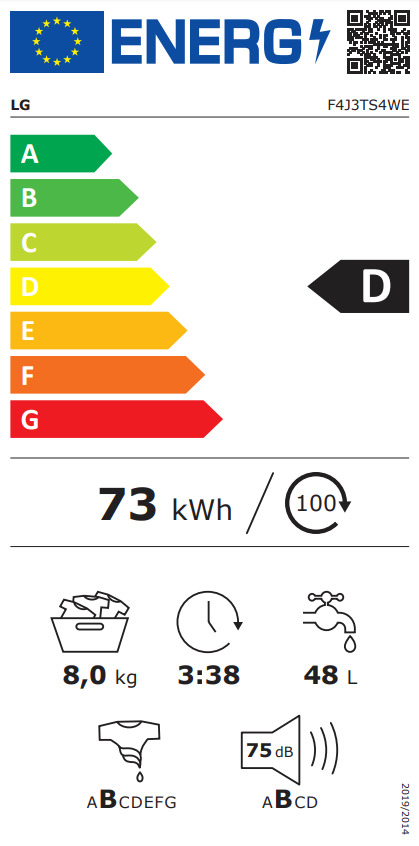 LG F4J3TS4WE Πλυντήριο Ρούχων 8kg με Ατμό 1400 Στροφών