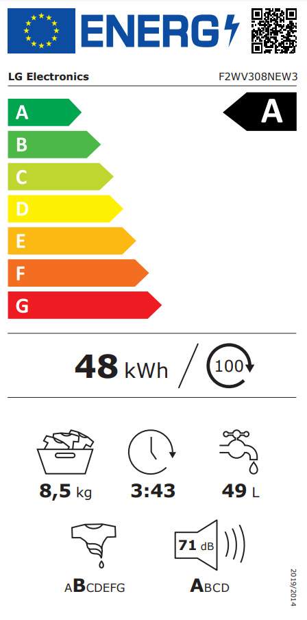 LG Πλυντήριο Ρούχων 8.5kg με Ατμό 1200 Στροφών F2WV308NEW3