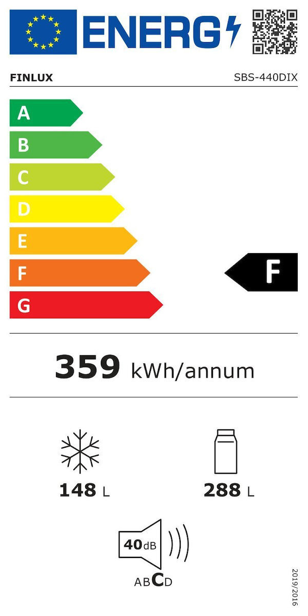 Finlux SBS-440DIX Ψυγείο Ντουλάπα 436lt NoFrost Υ177xΠ90xΒ59εκ. Inox