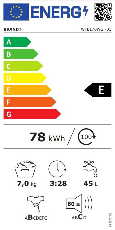 Brandt Πλυντήριο Ρούχων 7kg 1400 Στροφών WFB170WG