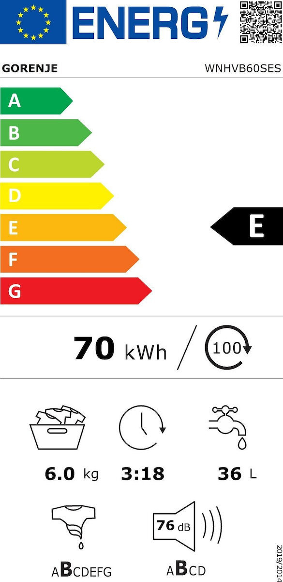 Gorenje Πλυντήριο Ρούχων 6kg 1000 Στροφών WNHVB60SES