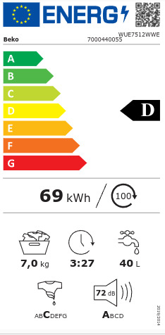 Beko Πλυντήριο Ρούχων 7kg 1000 Στροφών WUE7512WWE