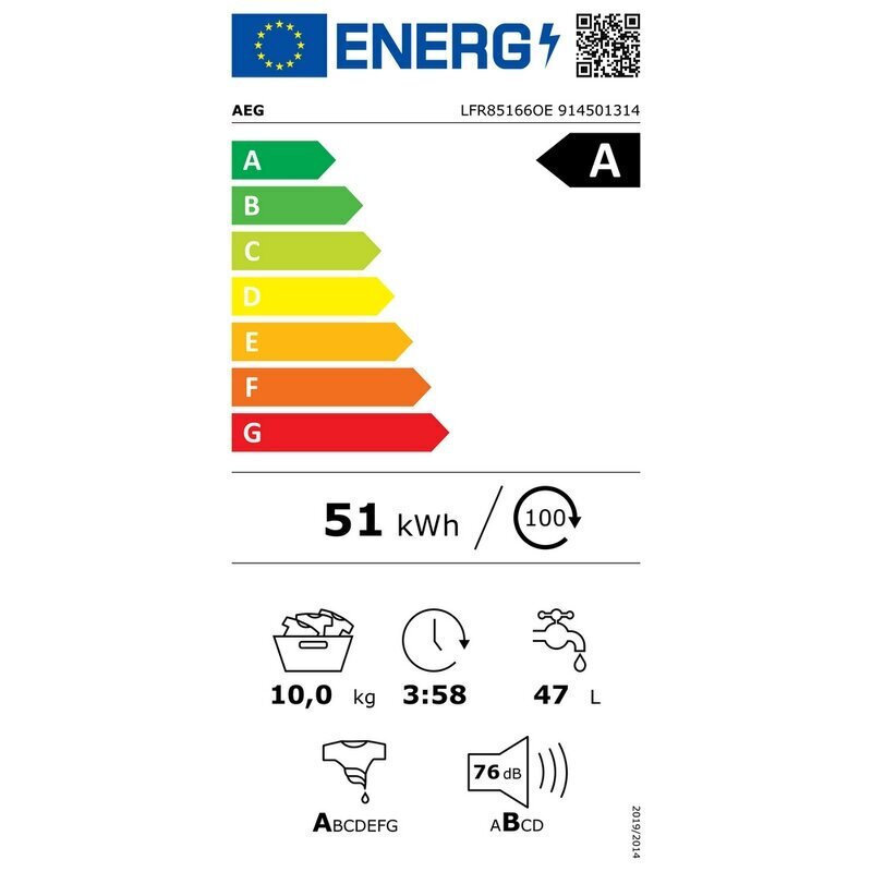 AEG Πλυντήριο Ρούχων 10kg 1600 Στροφών LFR85166OE 914 501 314