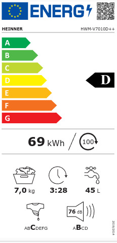 Heinner Πλυντήριο Ρούχων 7kg 1000 Στροφών HWM-V7010D++