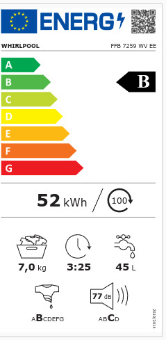 Whirlpool Πλυντήριο Ρούχων 7kg 1200 Στροφών FFB 7259 WV