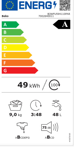 Beko Πλυντήριο Ρούχων 9kg 1400 Στροφών B3 WFU 594110 PAR