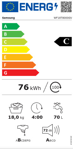 Samsung Πλυντήριο Ρούχων 18kg 1100 Στροφών WF18T8000GV