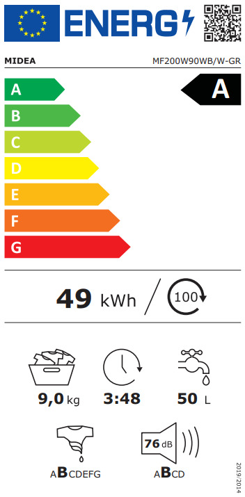 Midea Πλυντήριο Ρούχων 9kg 1400 Στροφών MF200W90WB/W-GR