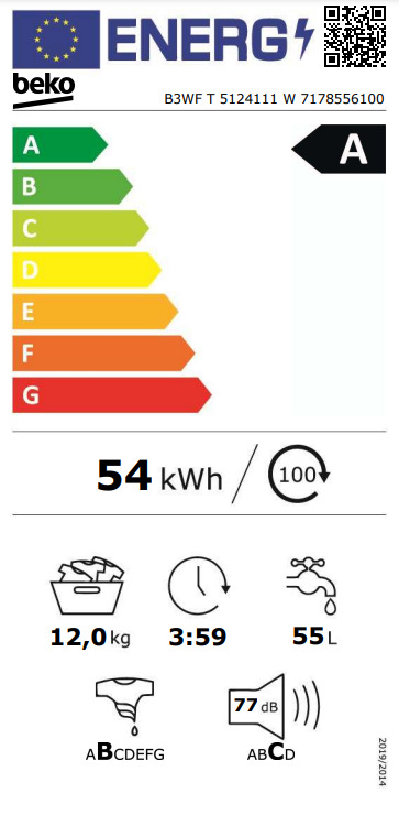 Beko Πλυντήριο Ρούχων 12kg με Ατμό 1400 Στροφών B3WFT5124111WP