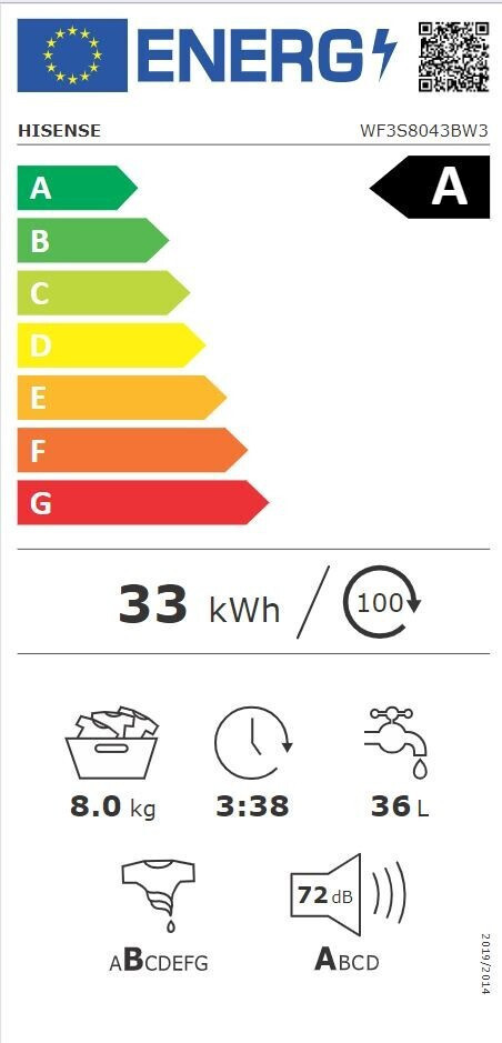 Hisense Πλυντήριο Ρούχων 8kg 1400 Στροφών WF3S8043BW3