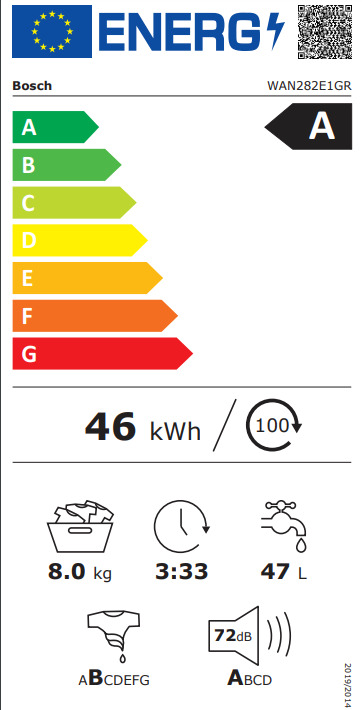 Bosch Πλυντήριο Ρούχων 8kg με Ατμό 1400 Στροφών WAN282E1GR