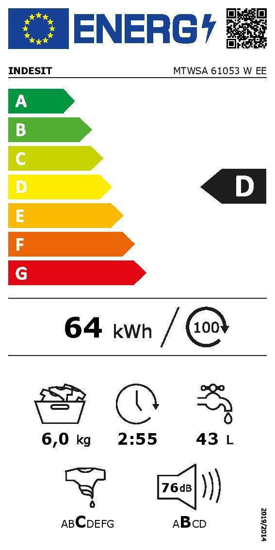 Indesit Πλυντήριο Ρούχων 6kg 1000 Στροφών MTWSA 61053 W EE