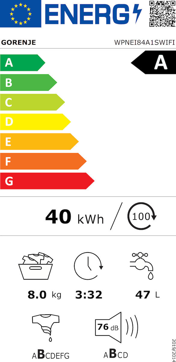 Gorenje Πλυντήριο Ρούχων 8kg 1400 Στροφών WPNEI84A1SWIFI