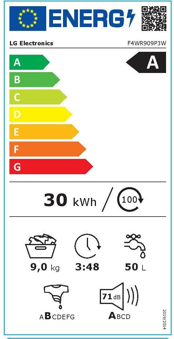 LG Πλυντήριο Ρούχων 9kg με Ατμό 1400 Στροφών F4WR909P3W